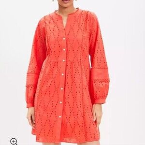 Loft coral eyelet lace trim button front vacation swing summer dress size medium
